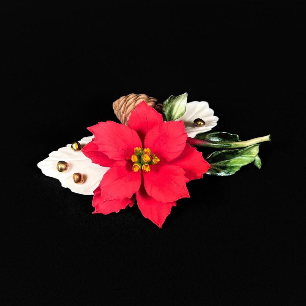Capodimonte Porcelain Flower Red Poinsettia Pine Cone White and Green Leaves